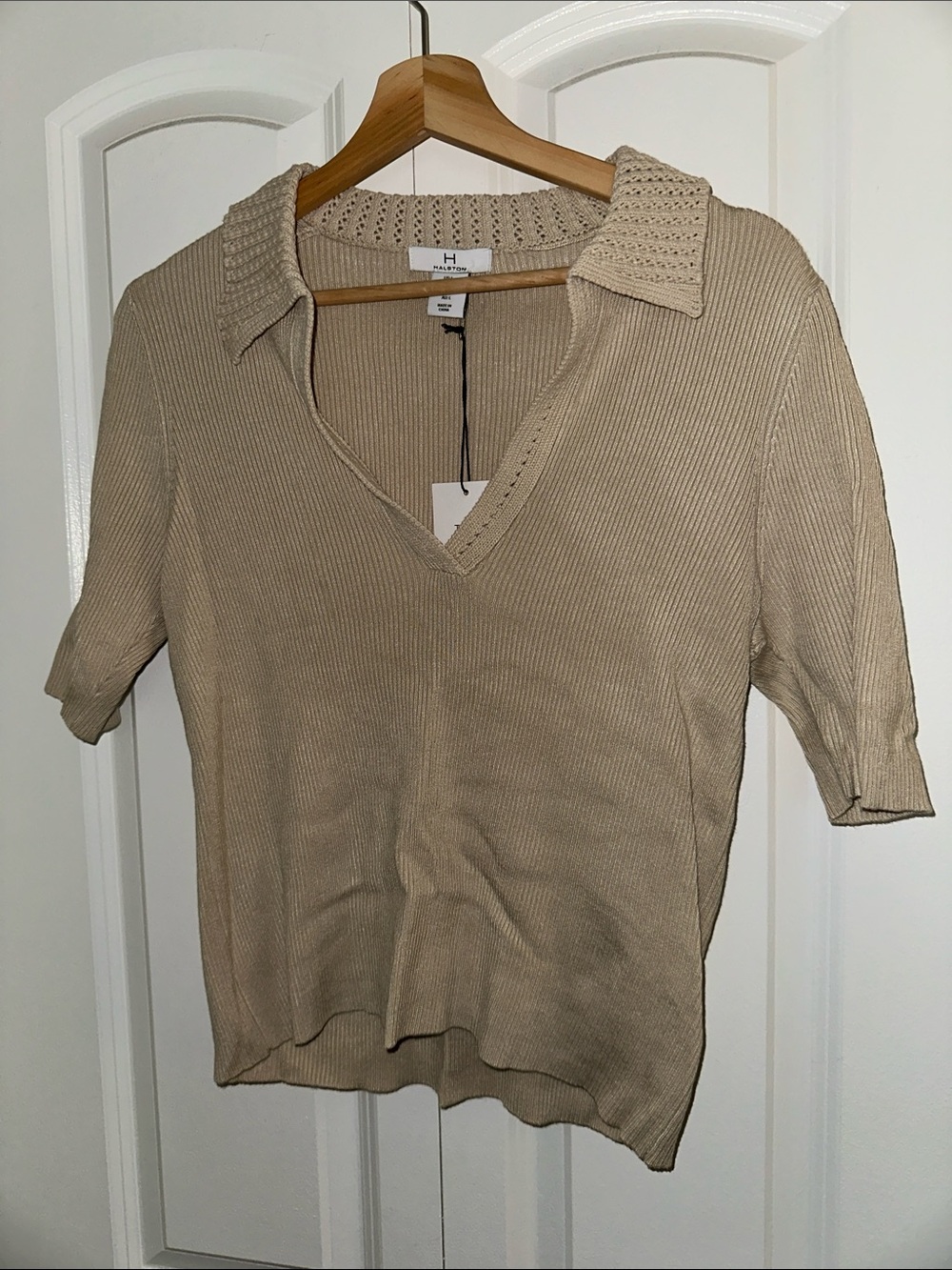 Halston Heritage Beige Knit Polo Top
